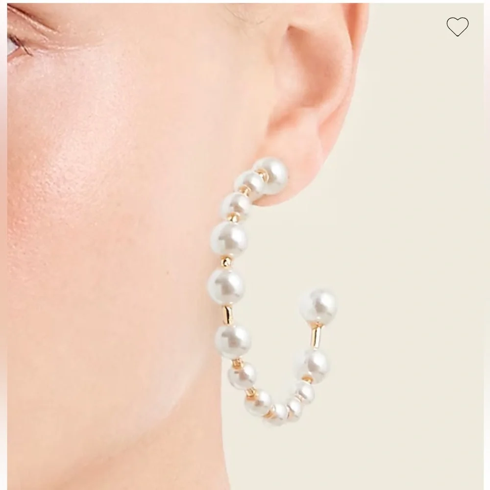 J.Crew Bead Hoop Earrings Pearl Classic Gold Large - Picture 6 of 7